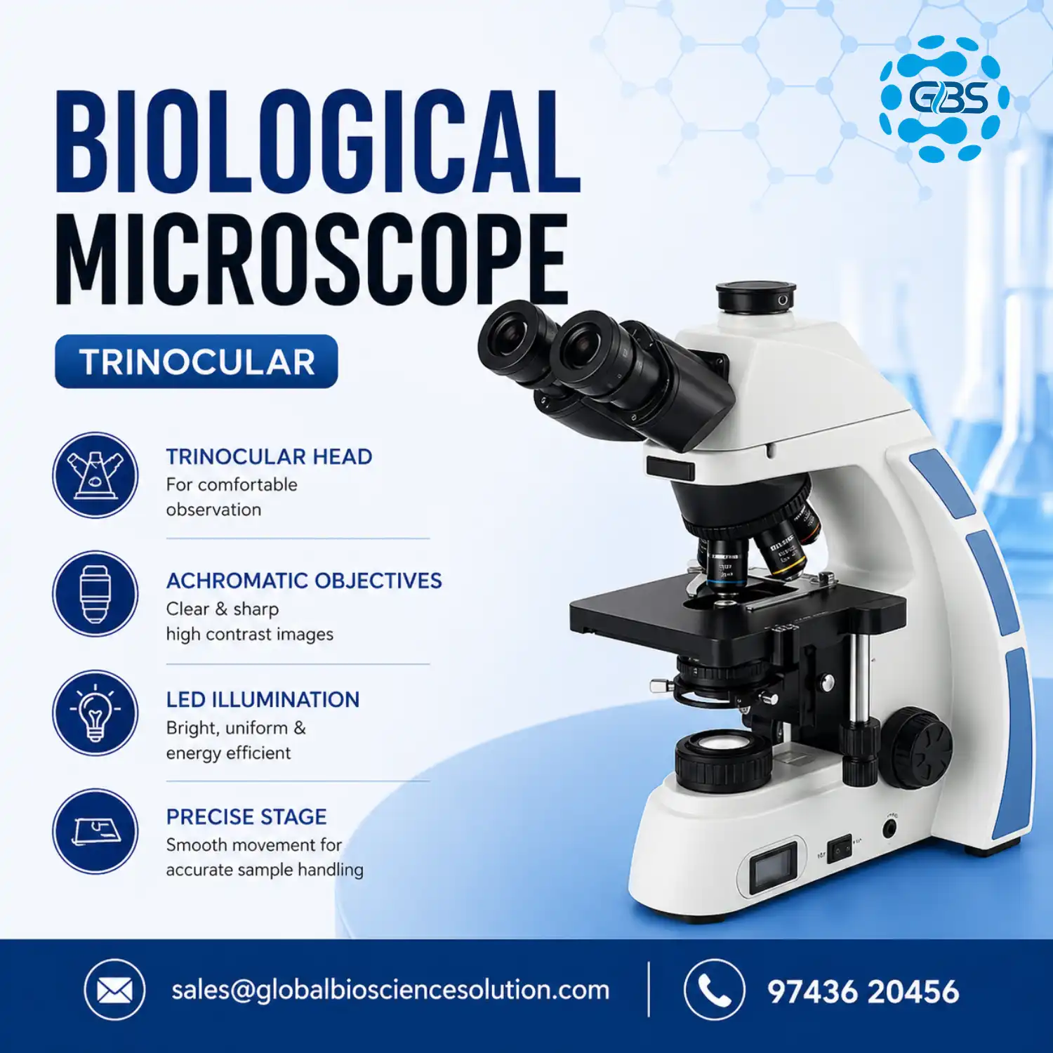 Trinocular biological microscope with 40x to 1600x magnification and WF10x 18mm eyepiece
