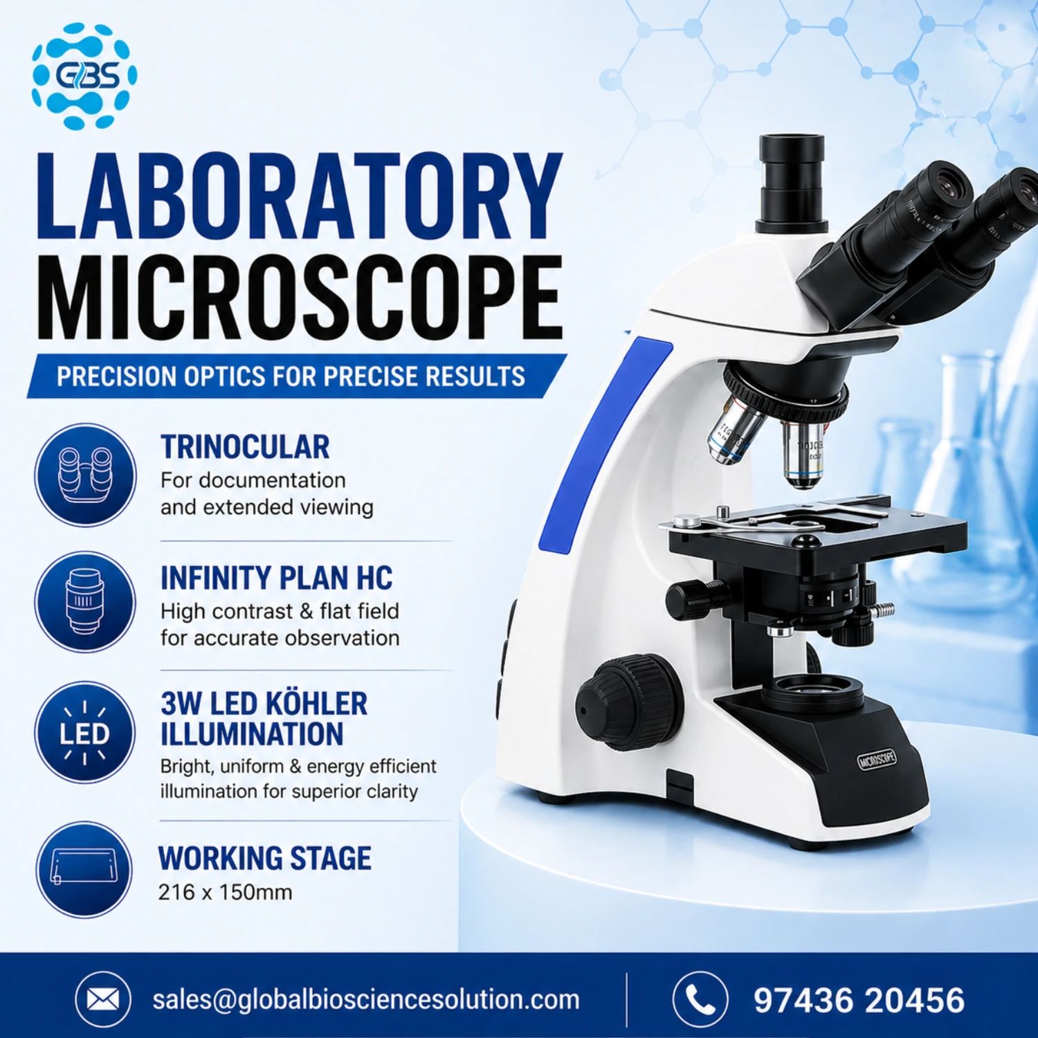 Trinocular laboratory microscope Infinity Plan HC 216x150mm stage