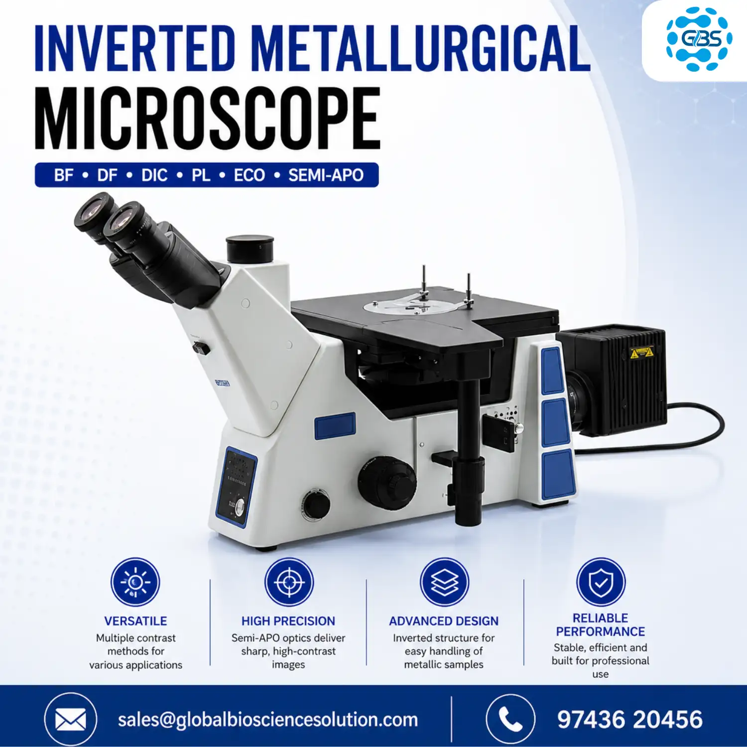 Inverted metallurgical microscope with BF DF DIC PL ECO and Semi-APO LWD objectives