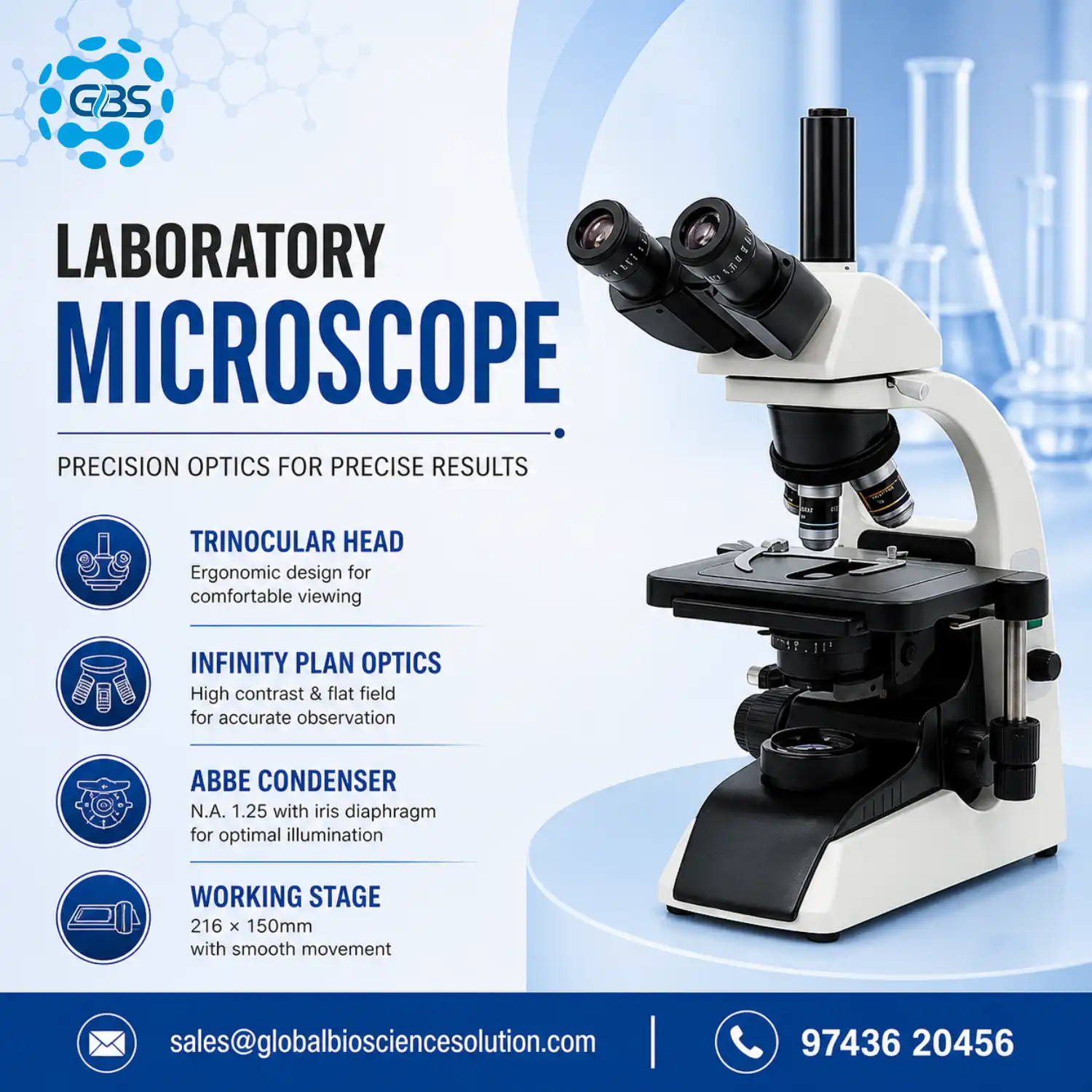 Trinocular laboratory microscope with Infinity Plan 4x 10x 40x 100x oil immersion objectives