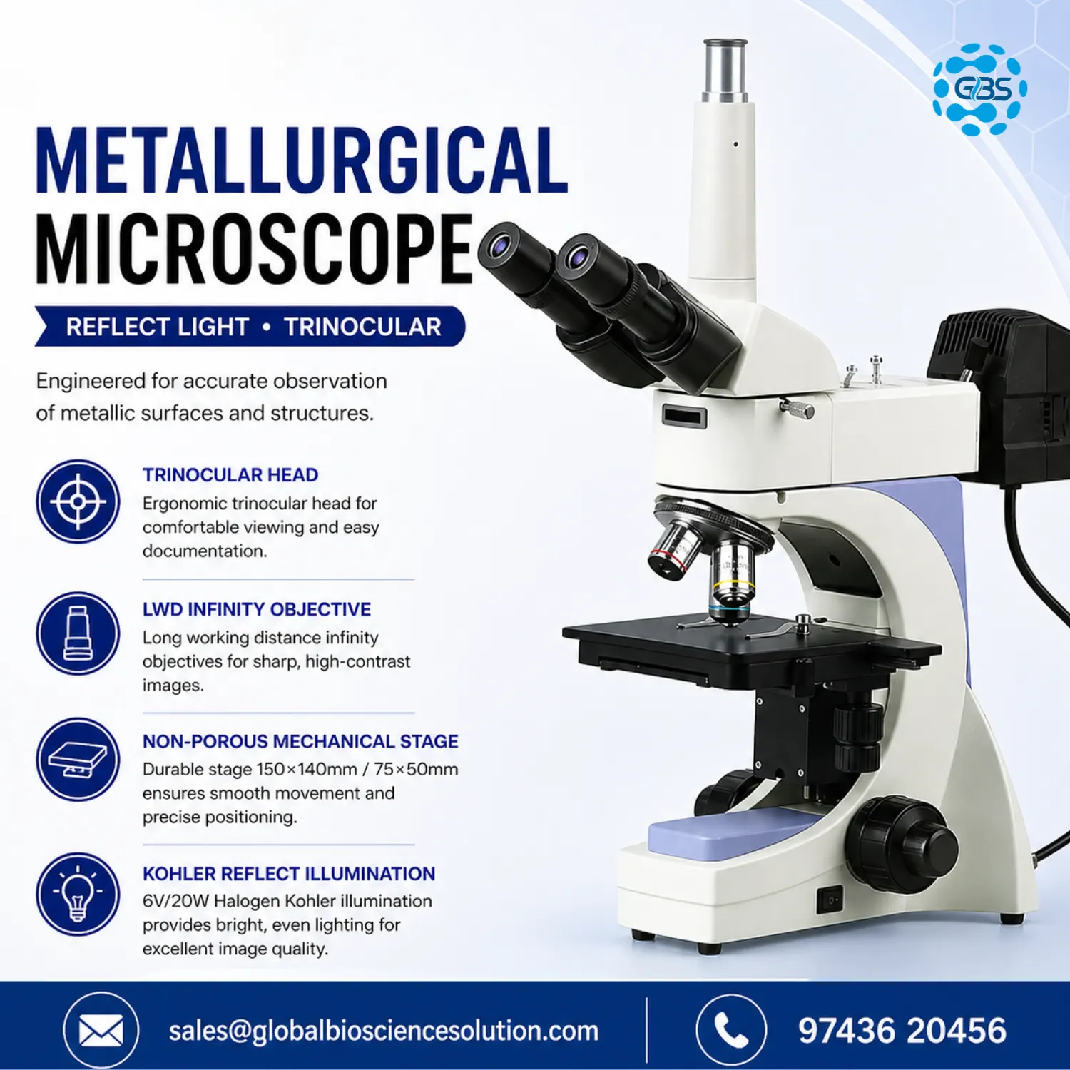 Trinocular upright metallurgical microscope with reflected light and LWD infinity objectives 40x to 400x
