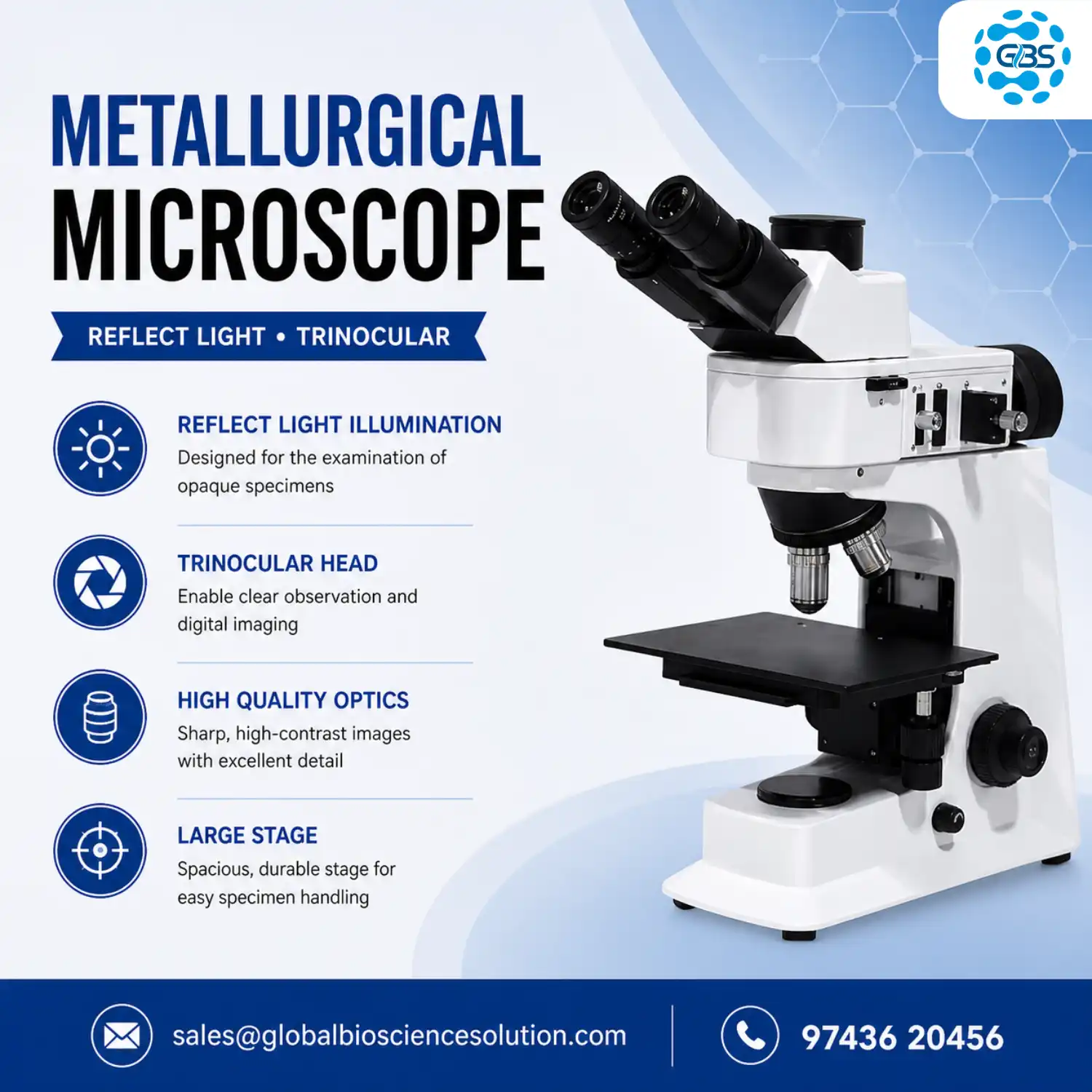Trinocular metallurgical microscope with reflected light and infinity plan objectives
