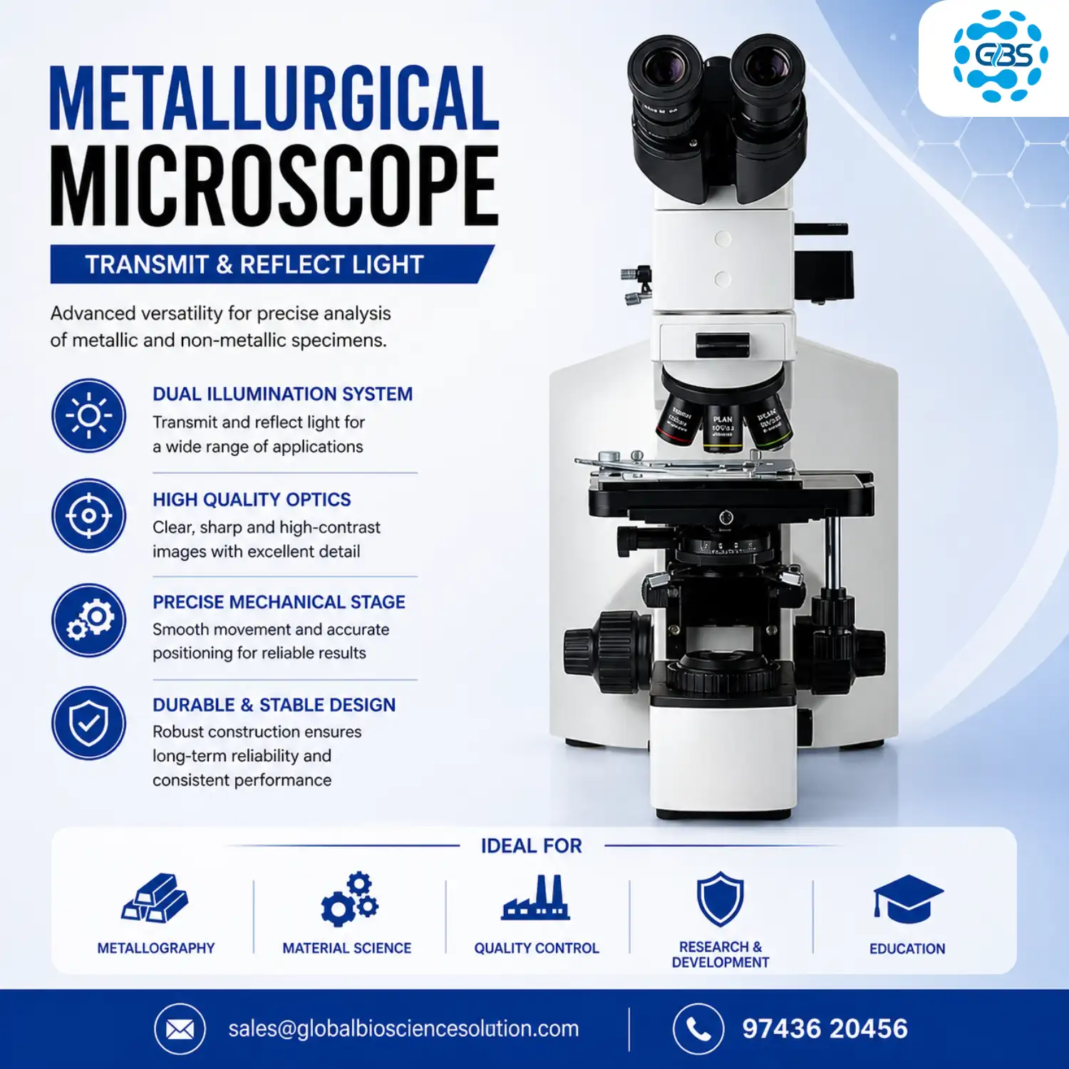 Metallurgical microscope with both transmitted and reflected light for opaque and transparent specimens